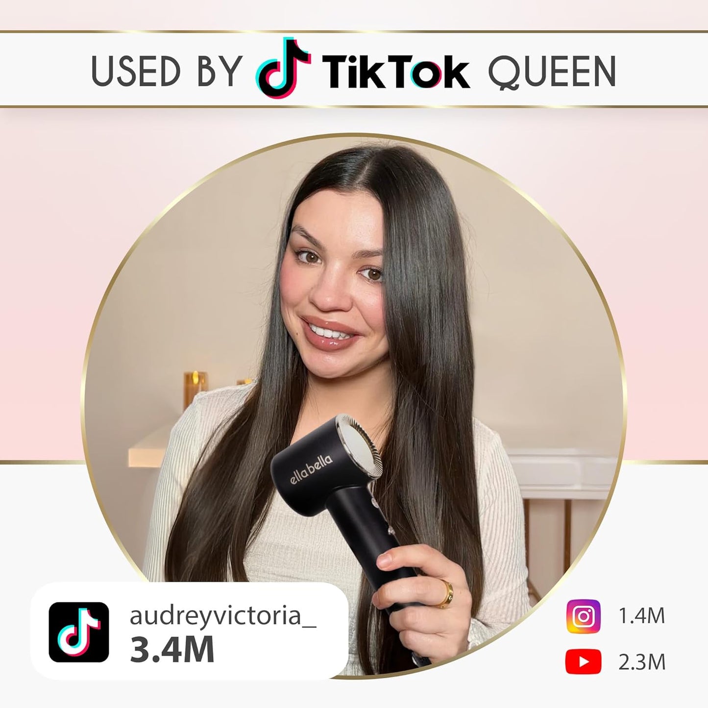 ELLA BELLA® Compact Plasma Hair Dryer, Advanced Plasma Technology Blow Dryer with Digital Display, Rapid Drying, Low Noise, & Luxury Velvet Travel Bag - Includes Diffuser & Nozzle- for All Hair Types