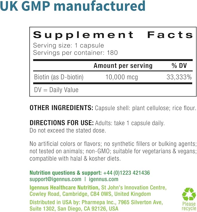 Igennus Clean Biotin 10,000mcg, Extra Strength, 180 Small Easy to Swallow Capsules, Vitamin B7, Lab Verified, No After Taste or Smell, Hypoallergenic & Vegan, 1-a-Day