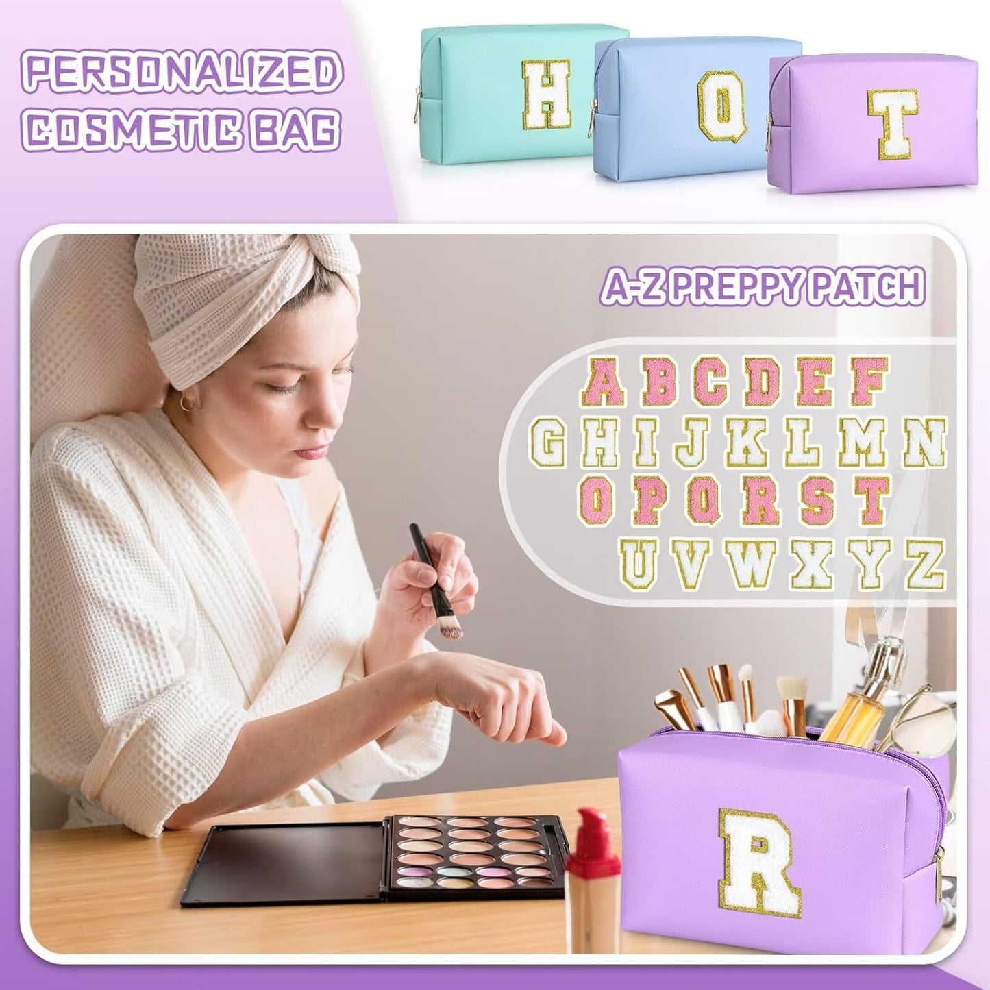 TOPEAST Preppy Makeup Bag, Small Cosmetic Travel Bags for Women, PU Leather Waterproof Toiletry Bag with Zipper, Personalized Birthday Gift for Women Girl, Preppy Gifts for Girl (Purple F)