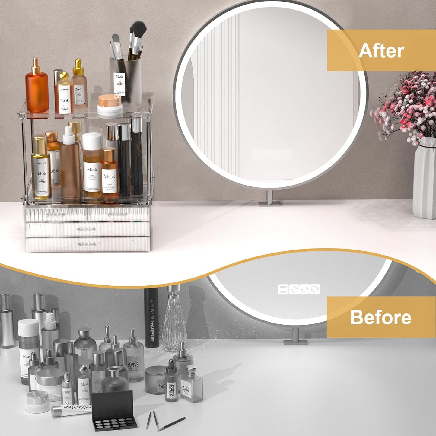 Acina 2-Tier Bathroom Organizer Countertop: Multi-Purpose Makeup Organizer - Large Skincare Exquisite Vanity Organizer for Cosmetics, Perfume Amber Clear