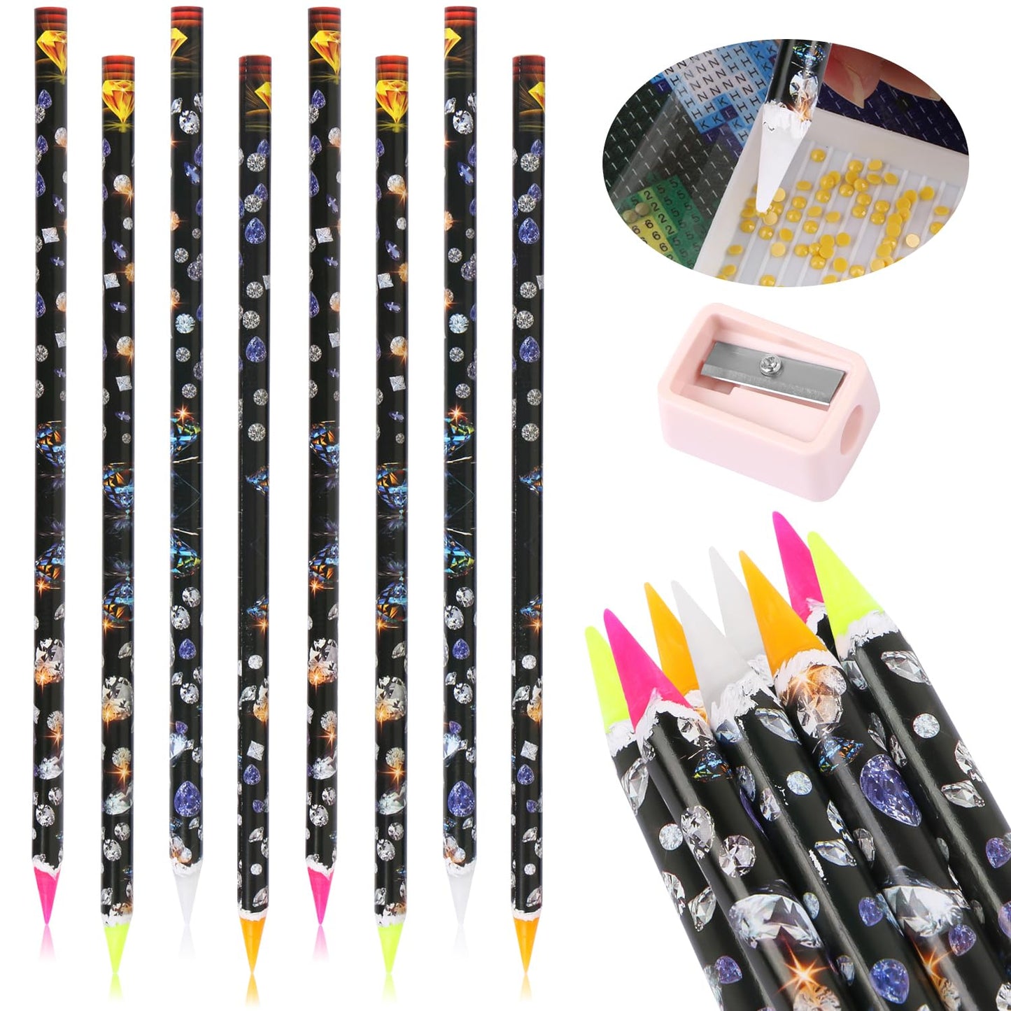 8 Pcs Diamond Paint Pen Rhinestone Picker Pencil Self Adhesive Resin Picker Dotting Pencil Nail Point Drill Pen Gem Picker Tools for Nail Art DIY Decoration with Pencil Sharpener