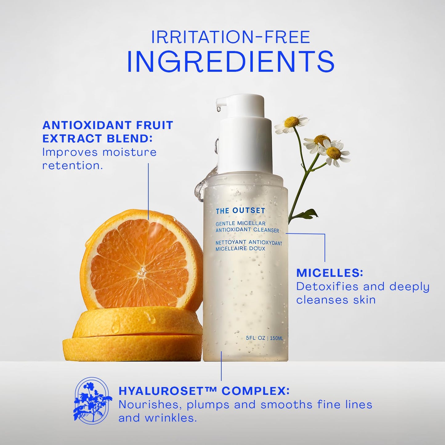 The Outset Gentle Micellar Antioxidant Cleanser - Gel Face Wash + Makeup Remover - Hydrating and Brightening - Fragrance Free for Sensitive Skin - Clean, Vegan, Gluten Free, All Skin Types - 5 fl oz