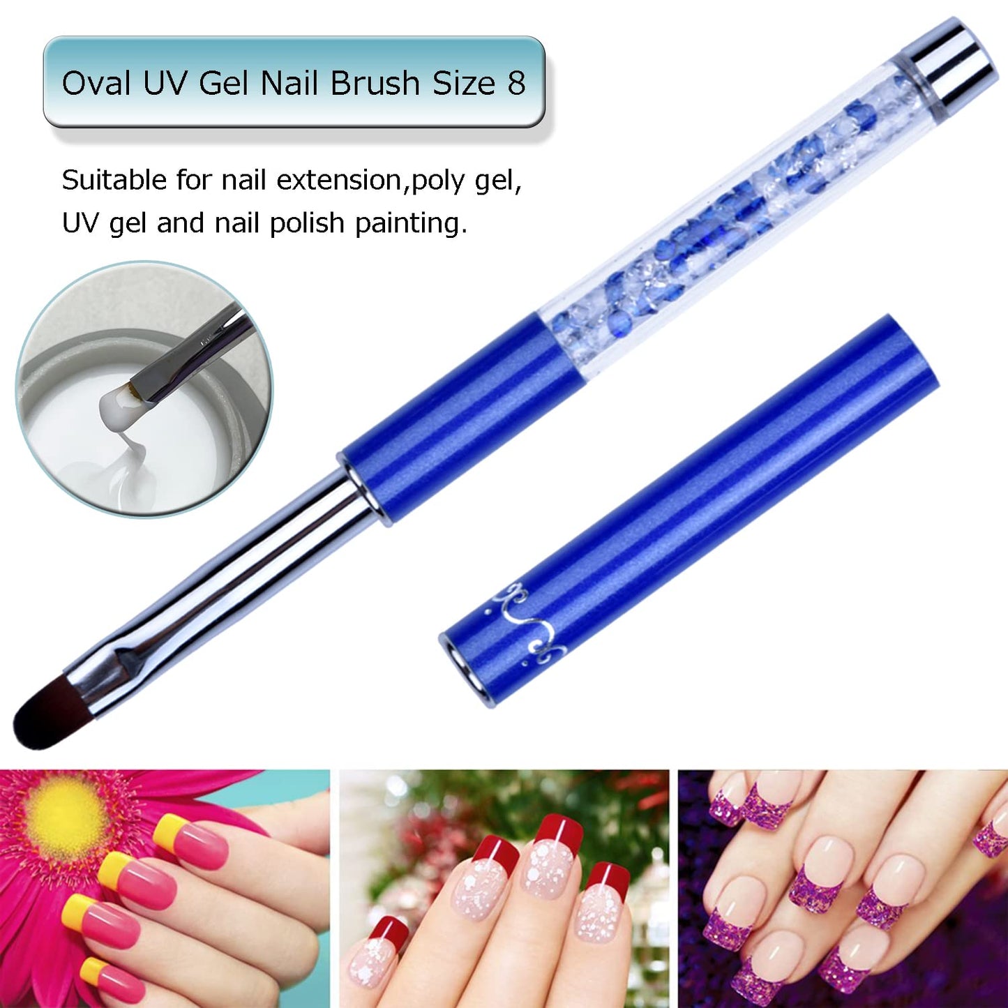 1Pcs Oval UV Gel Nail Brush Rhinestone Handle Professional Nail Art Tools Size 8