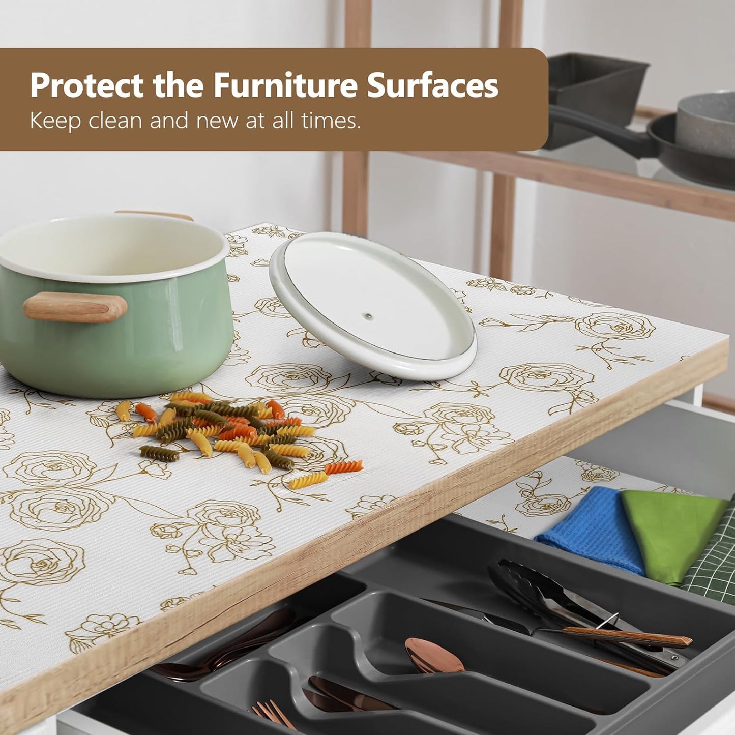 Shelf Cabinet Liner for Kitchen- Non Adhesive Drawer Liner Refrigerator Liner, Premium Waterproof Shelf Paper Protect Surface, Non Slip Easy to Clean Durable EVA Material, Gold Roses, 11.8 in x 20FT