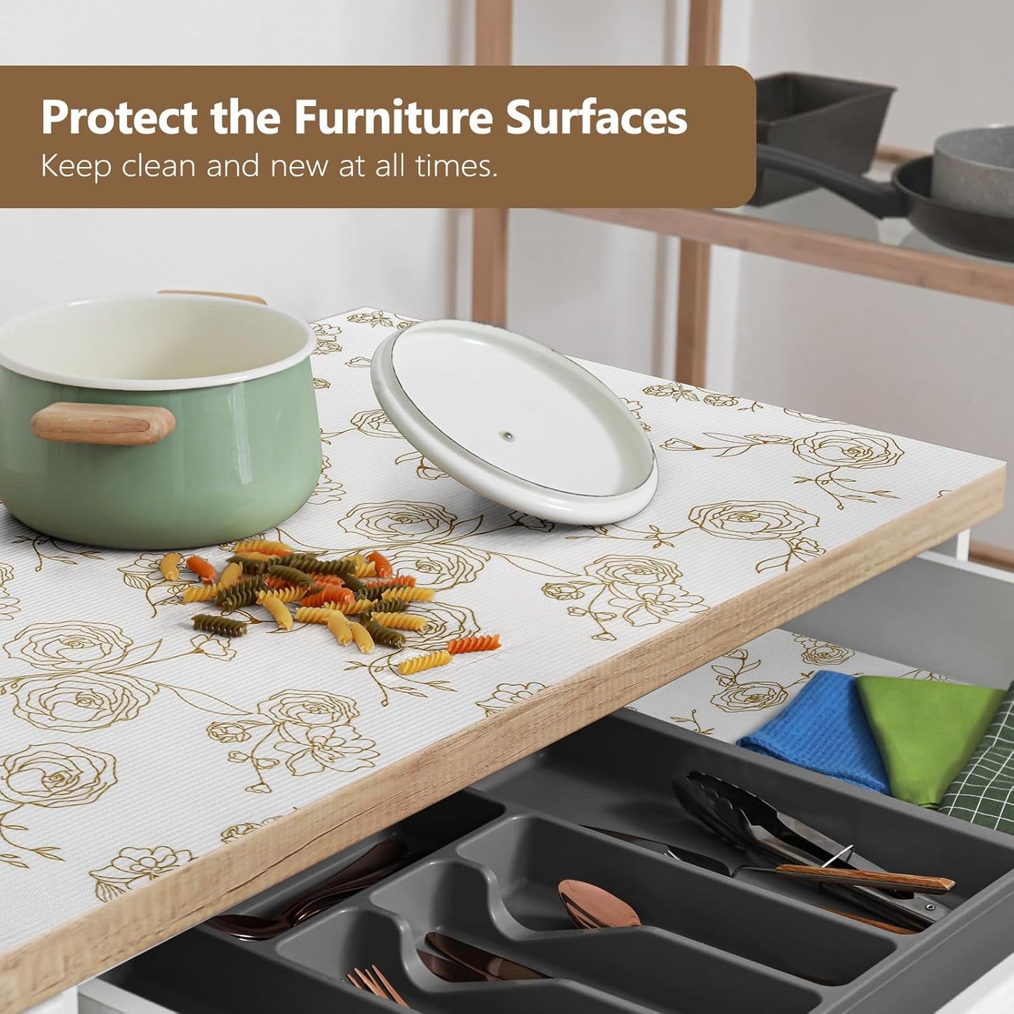 Shelf Cabinet Liner for Kitchen- Non Adhesive Drawer Liner Refrigerator Liner, Premium Waterproof Shelf Paper Protect Surface, Non Slip Easy to Clean Durable EVA Material, Gold Roses, 18 in x 30FT