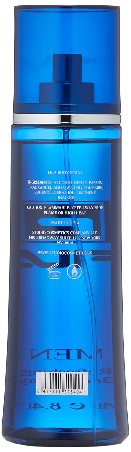 FILA Refreshing Body Spray for Men - Cool, Clean, Fresh Men’s Fragrance - Infused With Notes Of Bergamot, Cardamom, and Pepper - Trendy, Rectangular, Streamlined, Portable Bottle Design - 8.4 Oz