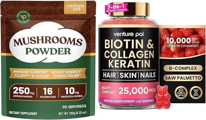 Venture Pal Mushroom Powder & Biotin Gummies Bundle -16 Mushroom Adaptogen Blend with Ashwagandha & Lion's Mane (90 Servings) + Biotin Gummies with Collagen & Keratin (60 Ct)