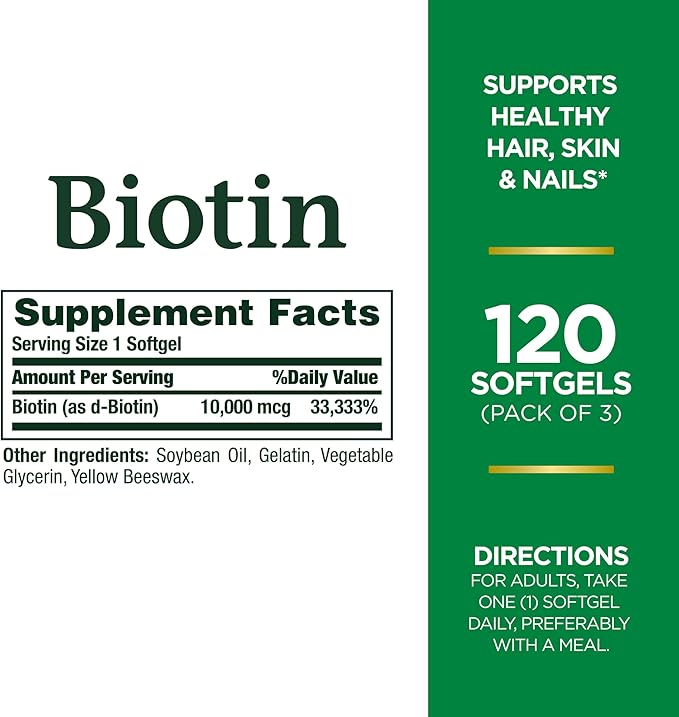 Nature's Bounty Biotin 10,000mcg, Supports Beautiful Hair, Glowing Skin and Healthy Nails, Rapid Release Softgels, 120 Count (Pack of 3)