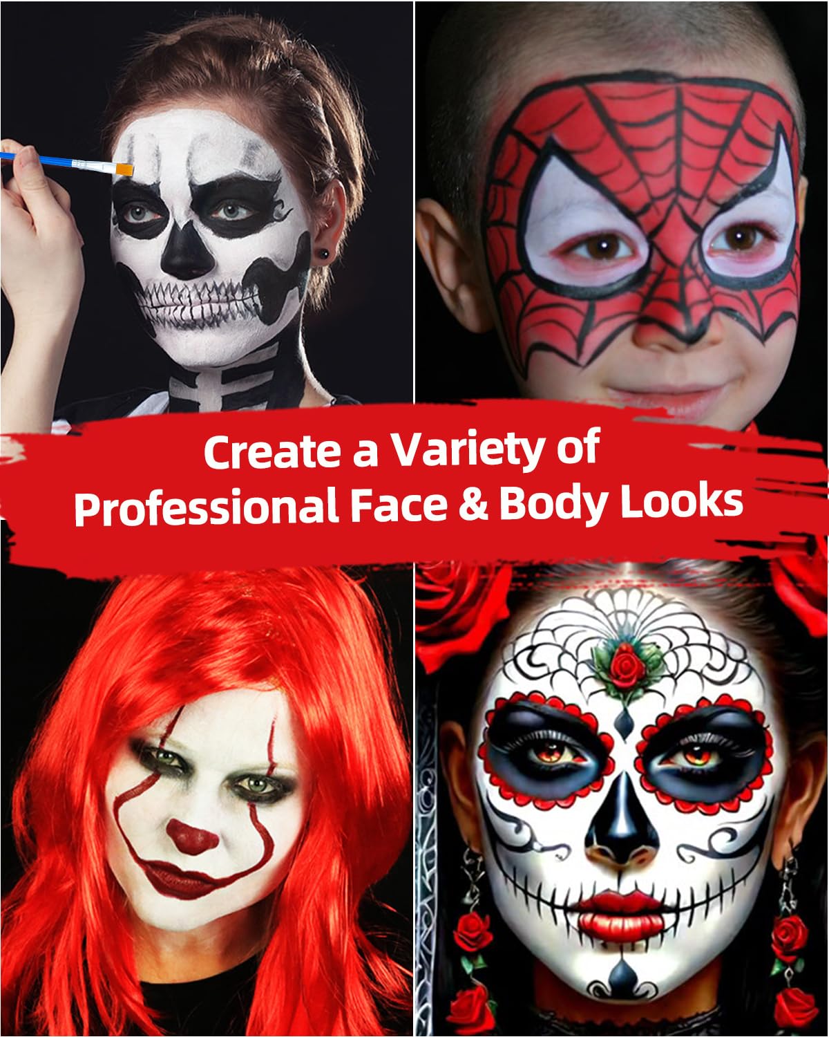 3 Colors Oil Based Face Body Paint Set with 6 Brushes, White Black Red Clown Makeup Kit for Halloween Goth Pennywise Joker Devil Zombie Vampire Skeleton SFX Cosplay Stage, Non Toxic for Kids & Adults