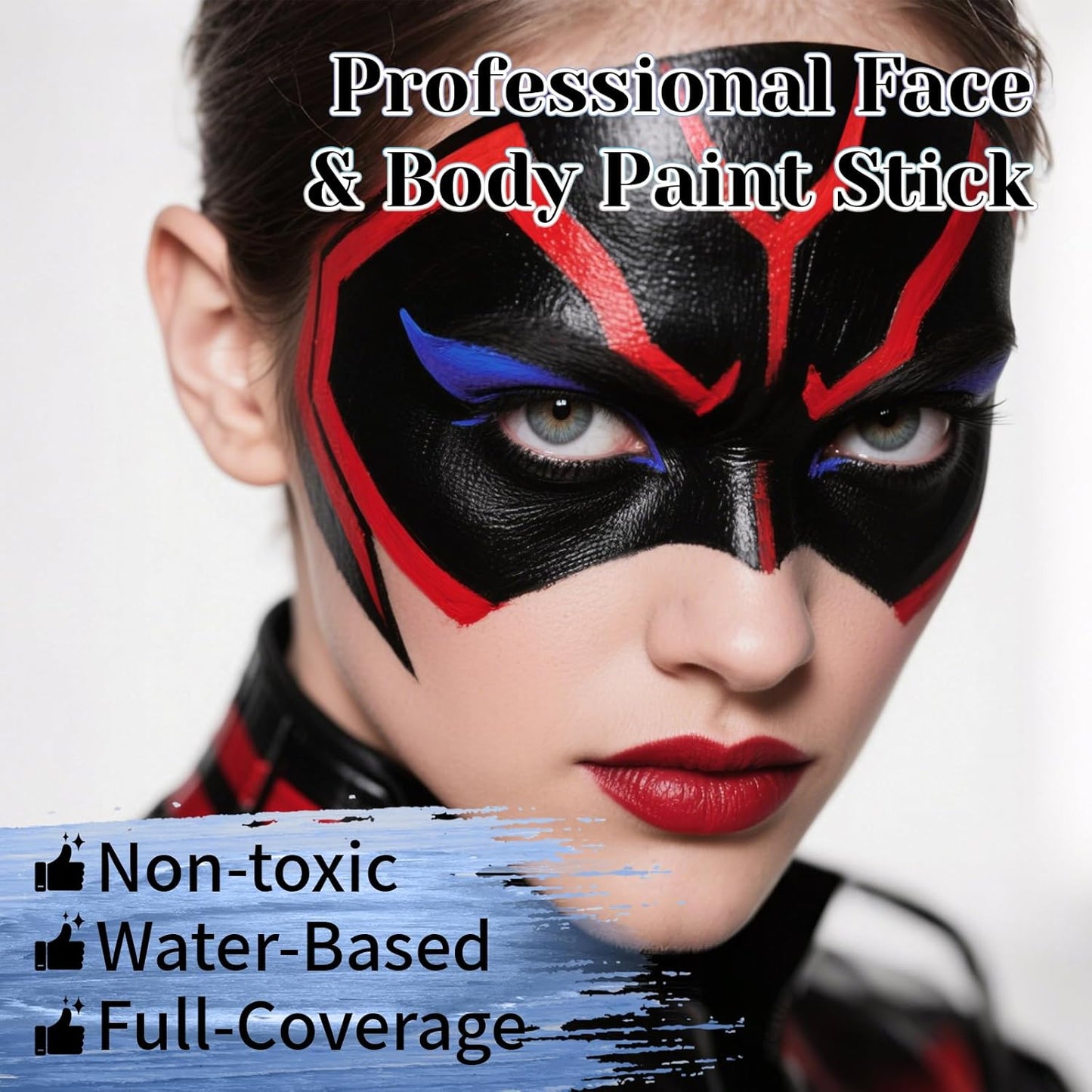 Red Black Blue Face Body Paint Stick Set with Translucent Setting Powder and Sponges, Professional Full Coverage Face Painting for Adults Halloween Cosplay SFX Joker Skull Monster Makeup