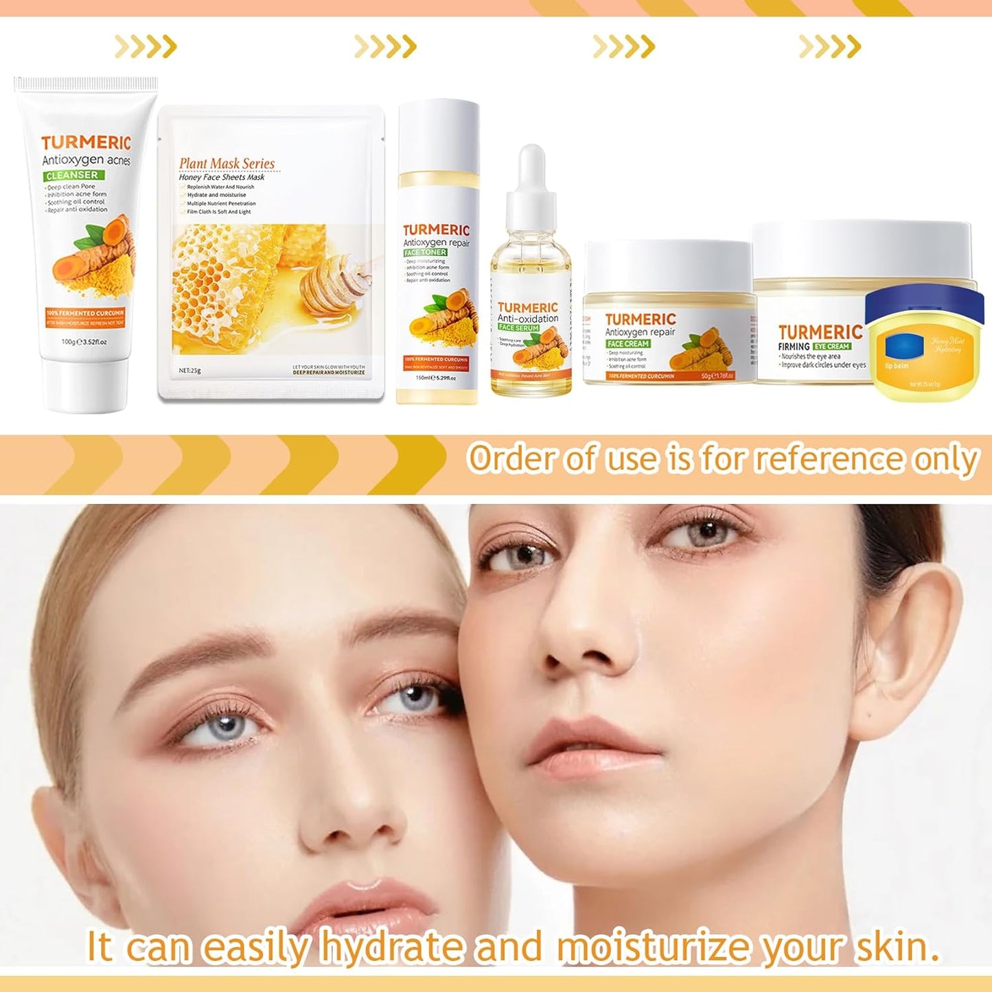 Turmeric Skin Care Set,Facial Kit with Facial Cleanser,Toner,Eye Cream,Face Serum,Honey Lip Balm,Face Cream,Lotion & 3PCS Honey Mask,Travel Skincare Kit for Women (9PCS)