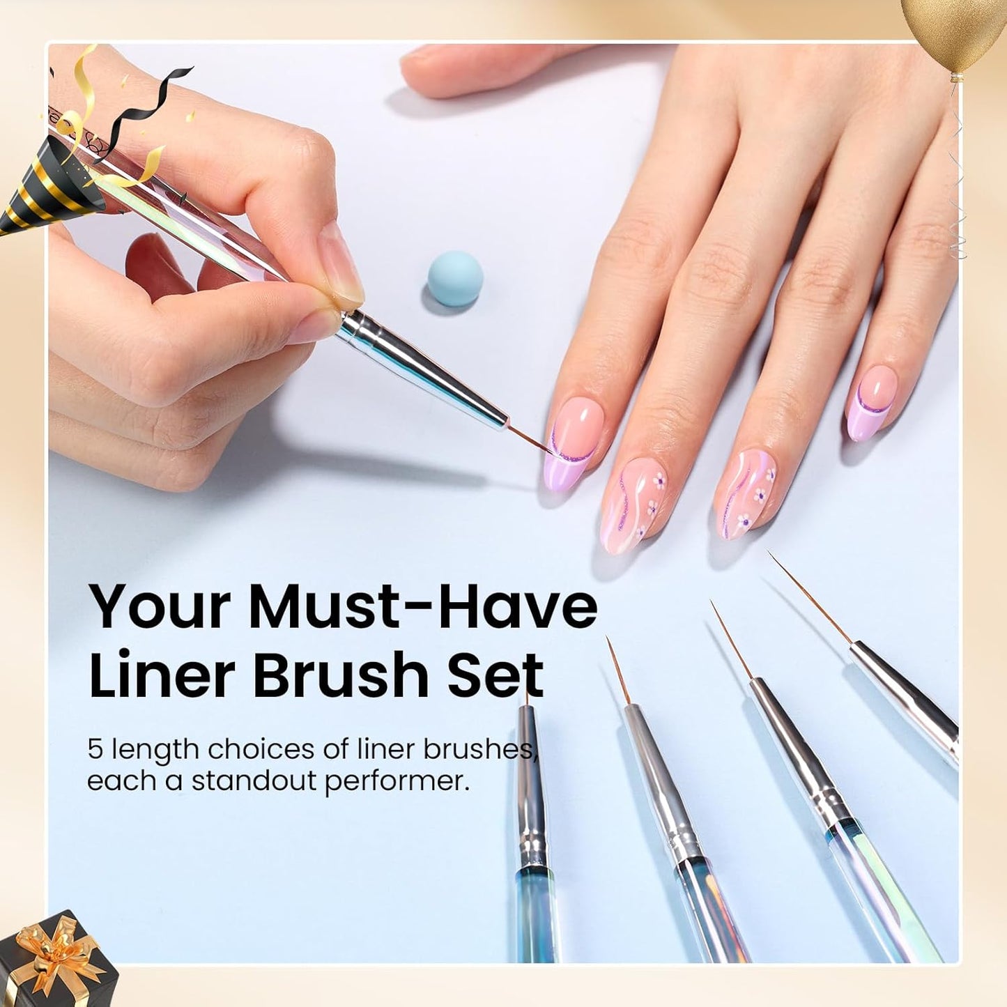 Beetles Nail Art Pens Brushes, 5pcs Nail Art Liner Brushes Set Painting Nail Dotting Drawing Tool for Long Lines, Details, Fine Drawing Sizes 7/11/15/20/25mm Gift for Women