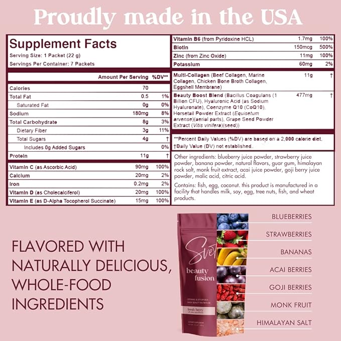 Hydrolyzed Collagen Powder for Women Multi Beauty Superfood with Hyaluronic Acid, Biotin, Vitamin C, Zinc, Probiotics, CoQ10 | Keto Protein | Berry Flavor (7 Single Serve Packets) by Svete