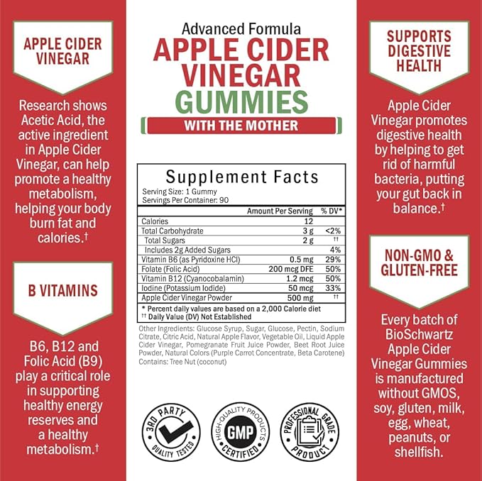 BioSchwartz ACV Apple Cider Vinegar Gummies with B Complex Vitamins (3 Month Supply) Plus Hydrolyzed Collagen Peptide Capsules (45 Day Supply)