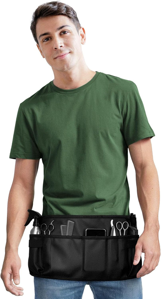Under NY Sky Salon Waist Apron - Vegan Leather - 9 Pockets, 3 Loops - Hair Cut Holster for Tool Storage, Shears, Brush, Trimmer - Belt Pouch - Hair Stylist, Makeup Artist, Barber, Cosmetology - Black