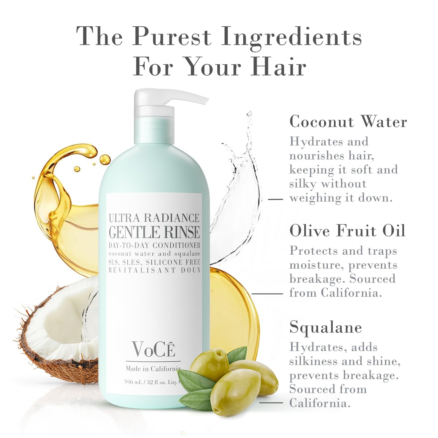 VoCÊ Haircare Gentle Conditioner | Natural, Vegan, Hydrating, Color-Safe, Silicone-Free, Sulfate-Free, & Cruelty-Free Hair Product with Coconut Water, Olive Fruit Oil and Squalane – 32 oz | 946 mL