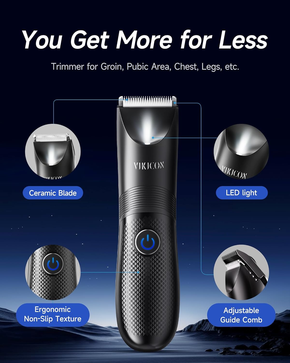 VIKICON Manscape Trimmer for Men - No Nicks Electric Razor-Shaver for Balls/Pubic/Groin/Legs/Chest Hair Removal w/Light & Ceramic Blade, IPX7 Waterproof Body Groomer USB-C Charging, Gifts for Him Dad