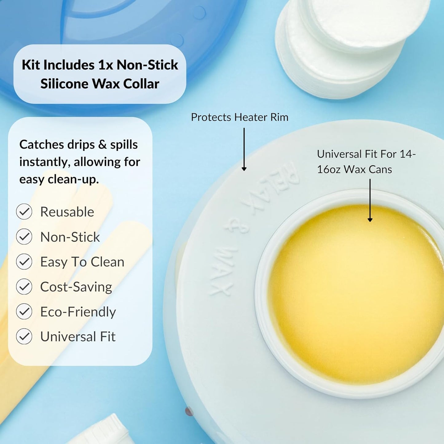 Reusable Non-Stick Silicone Wax Collars + Can + Lid for Wax Pot – Fits All 14-16 oz Wax Cans & Warmers – Wax Warmer Collars for Easy, Mess-Free Cleaning, 3-Piece Set (Collar + Can + Lid, White)