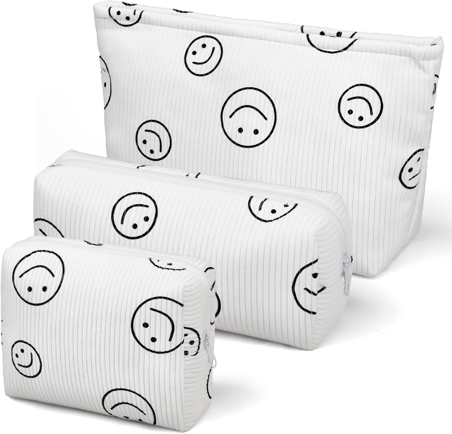 3 Pieces MakeUp Bag Cosmetic Bag,Travel Makeup Bag Set,Cute Smiley Corduroy Make Up Purse with Zipper,Beige White Pencil Pouch,Small Makeup Pouch,Aesthetic Preppy Stuff