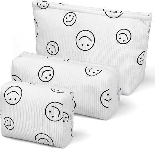3 Pieces MakeUp Bag Cosmetic Bag,Travel Makeup Bag Set,Cute Smiley Corduroy Make Up Purse with Zipper,Beige White Pencil Pouch,Small Makeup Pouch,Aesthetic Preppy Stuff