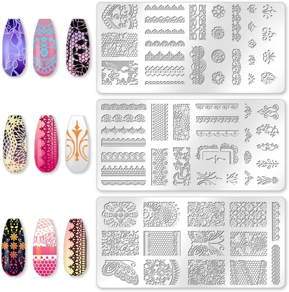 3Pcs Lace Trim Butterfly Nail Stamping Plate Set Butterfly Wings Rose Stainless Steel Nail Stamp Templates Clear Silicone Nails Stamping with Stamper Scraper for Manicure Printing