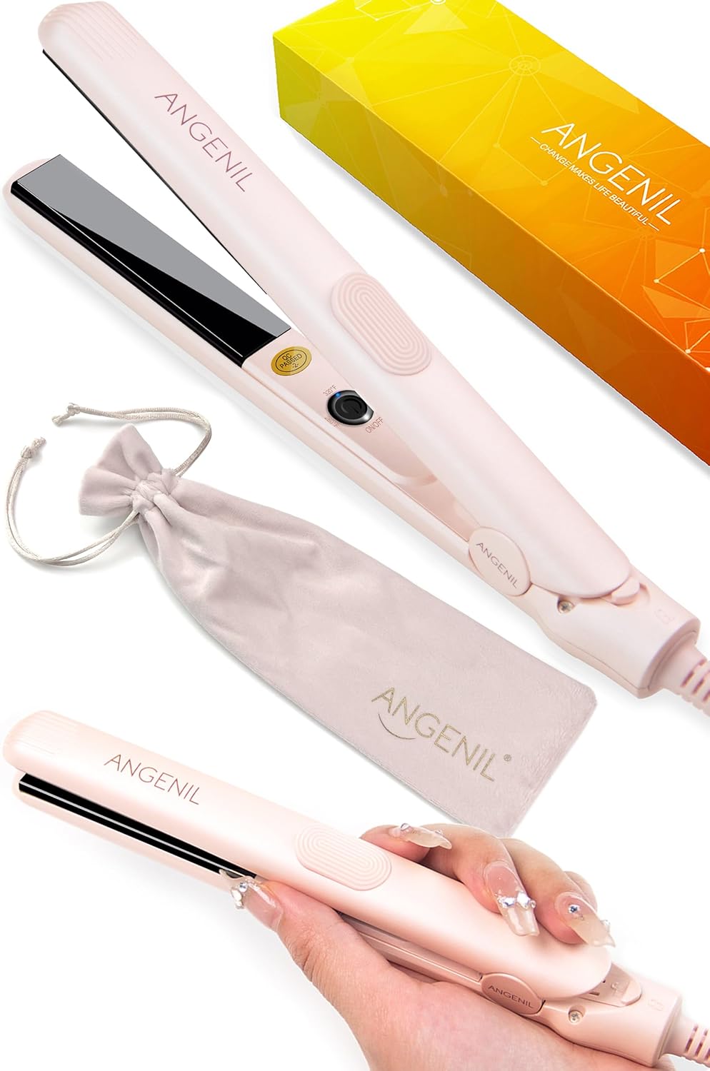 ANGENIL Pro Mini Flat Iron for Short Hair, Dual Voltage Mini Hair Straightener, Small Flat Iron 0.7 Inch, Travel Size Anti Scalding Silicone Hair Straightener, Suitable for Short Hair, Bangs, and Fine
