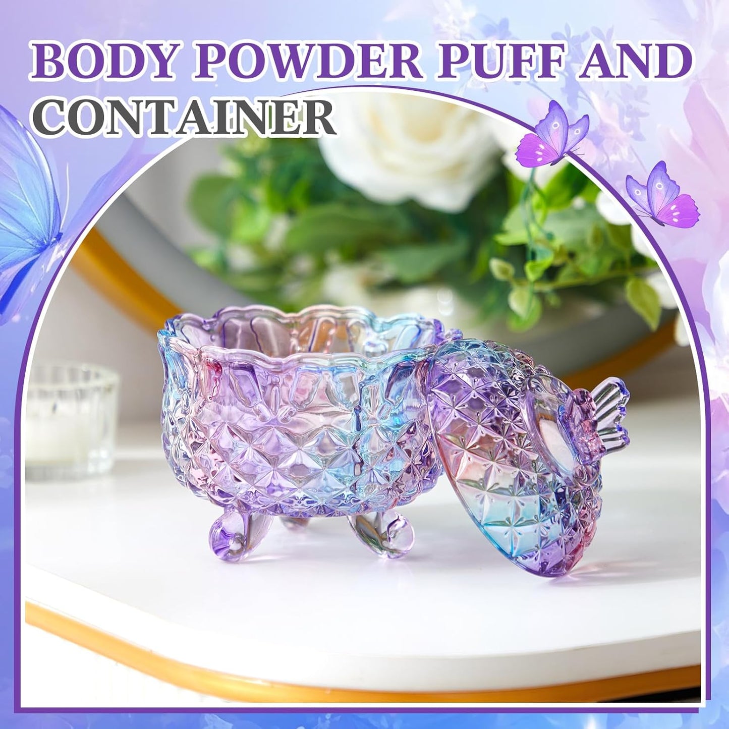 Tioncy 3 Pcs Large Body Powder Puff and Container Powder Container with Puff Powder Puff Crystal Container Soft Washable Reusable Velour Face Body Glitter Powder Puff Wet Dry Makeup(Butterfly, Purple)