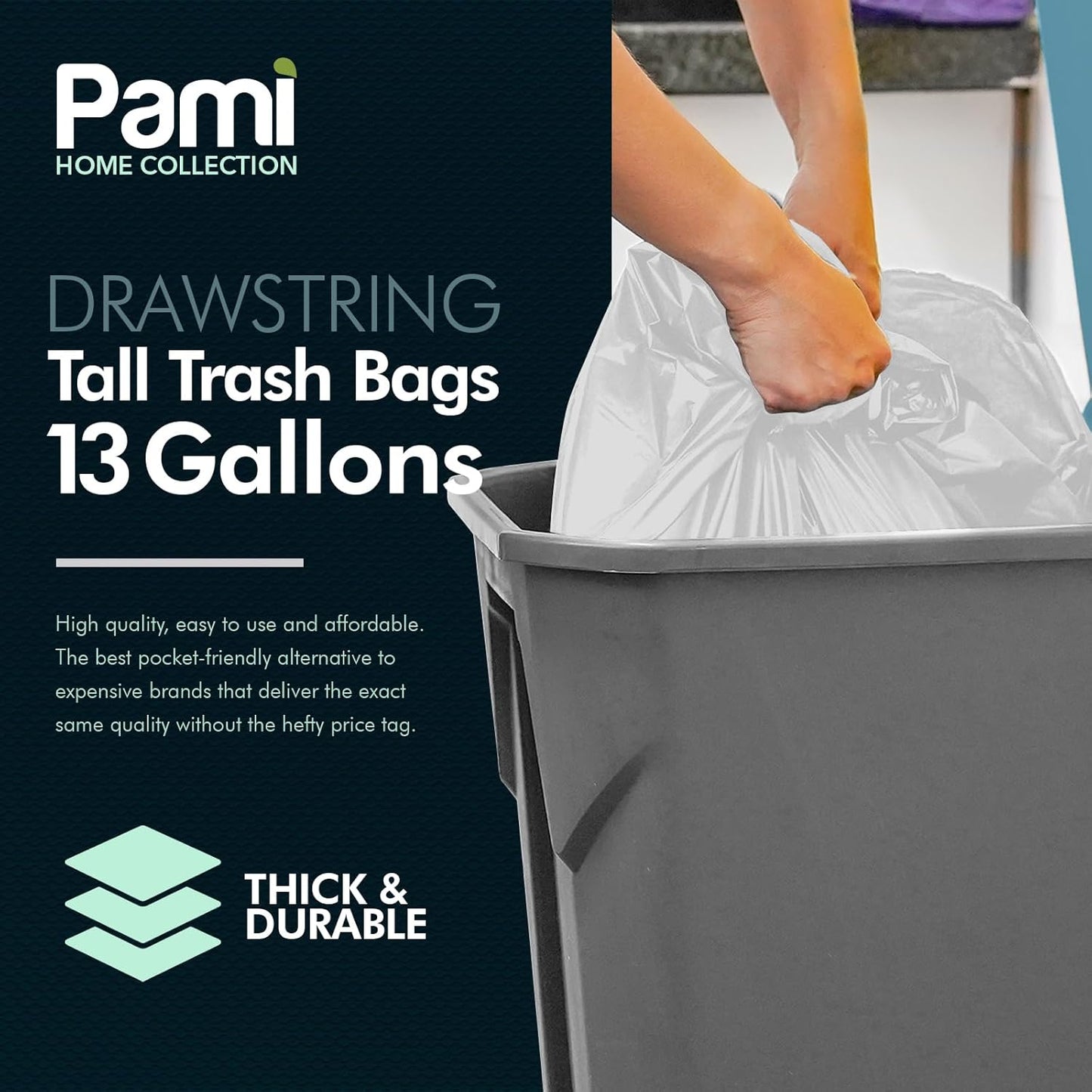PAMI Tall 13-Gallon Kitchen Drawstring Trash Bags [60 Pack - White]- Extra-Strong Plastic Garbage Bags- Thick Trash Can Liners For Kitchen, Bathroom & Outdoor Bins- 2ft x2ft Unscented Trash Bags