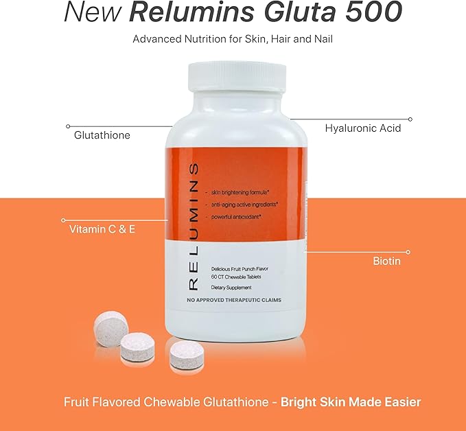 Relumins Gluta 500 - Chewable/Sublime Wall Glutathione Complex with Advanced Skin Nutrition - Hyaluronic Acid, VIT C, Biotin Plus 4 Powerful Actives - Fruit Punch Flavored - 60CT x 3 Bottles