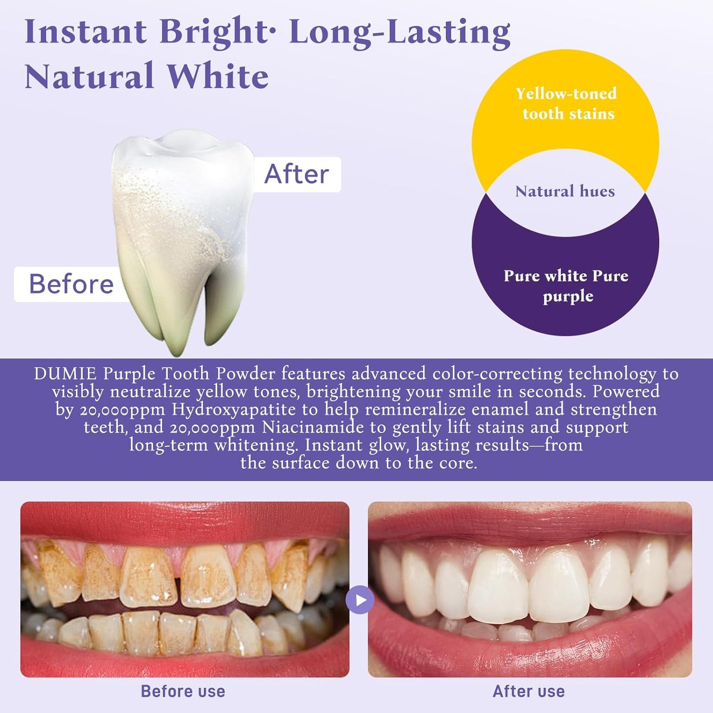 Teeth Whitening Powder,Remineralizing Hydroxyapatite Tooth Powder with Niacinamide,R5X Purple Color Corrector for Instant Brightening, Enamel Repair & Long-Lasting Natural White-30g