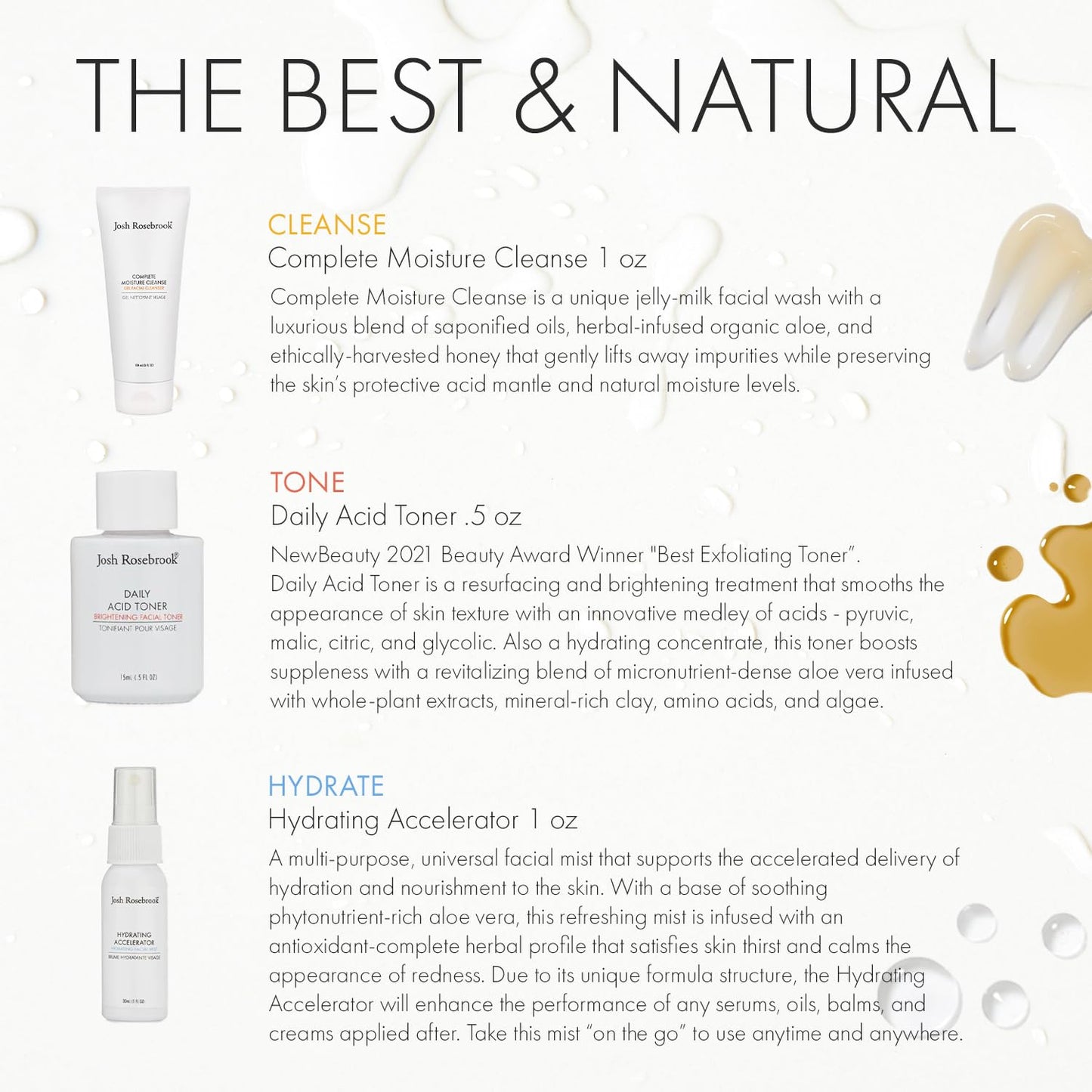 Josh Rosebrook The Essentials Kit - Cleanse, Tone & Hydrate Skincare Set | Complete Moisture Cleanse 1 oz, Daily Acid Toner 0.5 oz, Hydrating Accelerator 1 oz | Travel Size Facial Skin Care