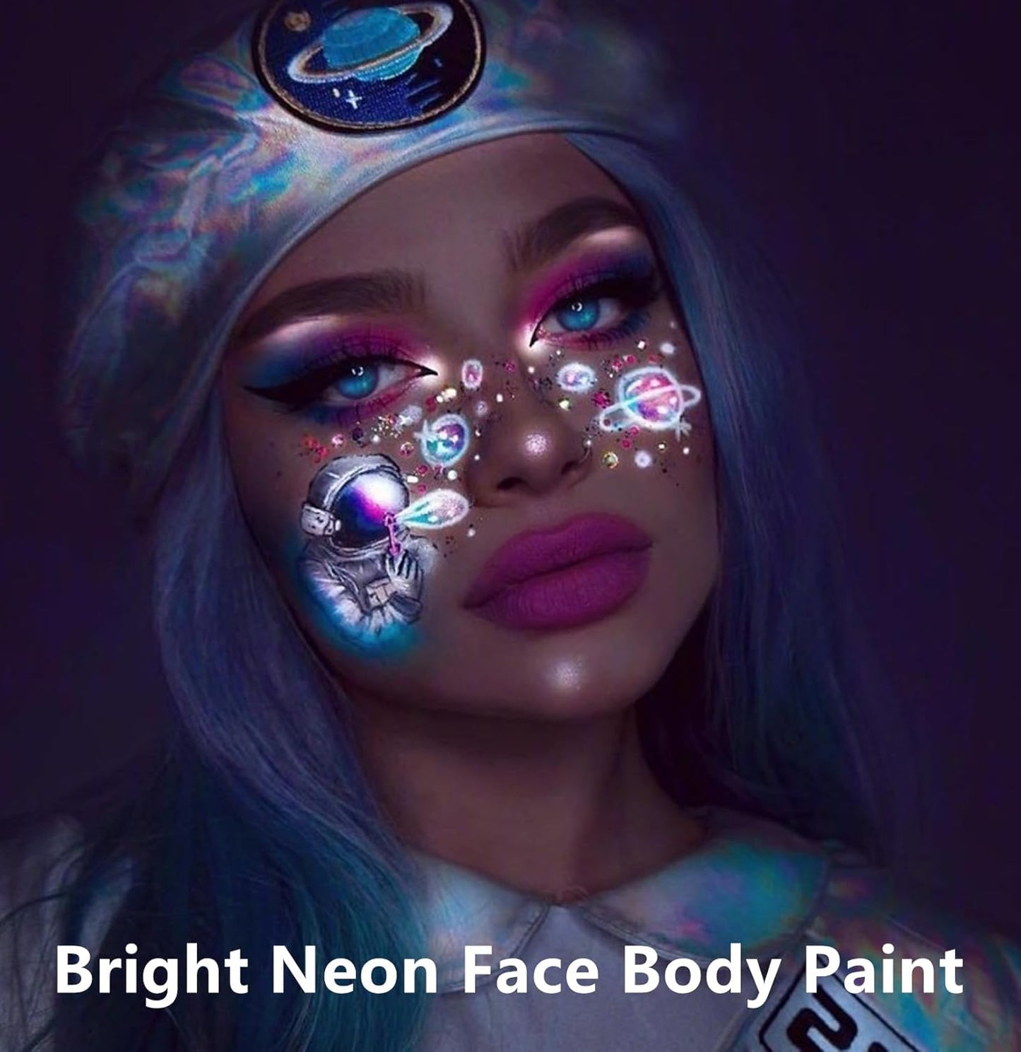 Go Ho UV Blacklight Neon White Face Body Paint,Water Based Bright Color Neon Fluorescent Body Paint with Cushion Applicator,Glow In The Dark Under UV Lighting Party Halloween Makeup Washable