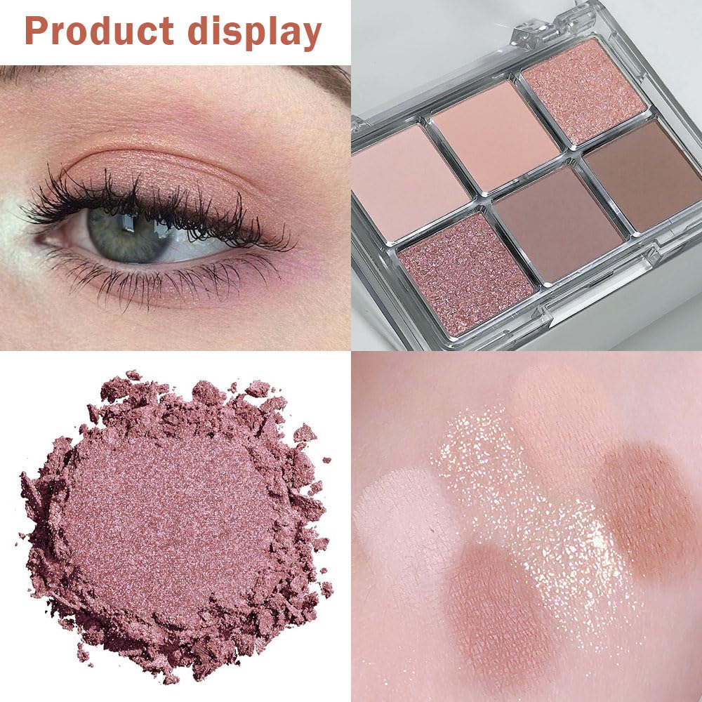 6 Colors Glitter Matte Eyeshadow Palette,Natural Nude Brown Rose Gold Coffee Sparkly Eye Shadow Makeup,Warm Pastel Eyeshadows Palette Long Lasting Waterproof Naturing-Looking Women Girls Eye Shadow 01