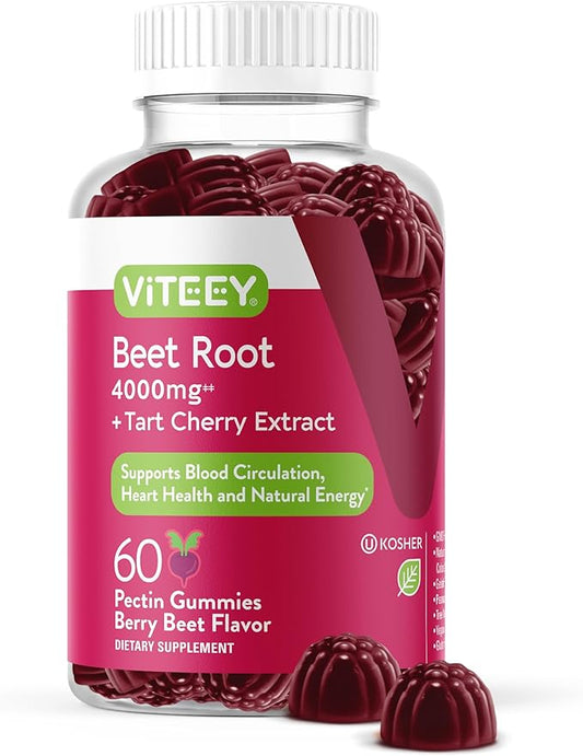 Beet Root Gummies 4000mg with Tart Cherry - for Healthy Blood Pressure Support - Vegan, Gelatin Free, Gluten Free - Tasty Chewable Berry Beet Flavored Gummy