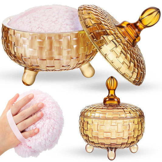 Tioncy 2 Pcs Extra Large Dusting Powder Puff and Container 6'' Body Powder Puff and Crystal Container for Women Soft Washable Reusable Velour Face(Amber)