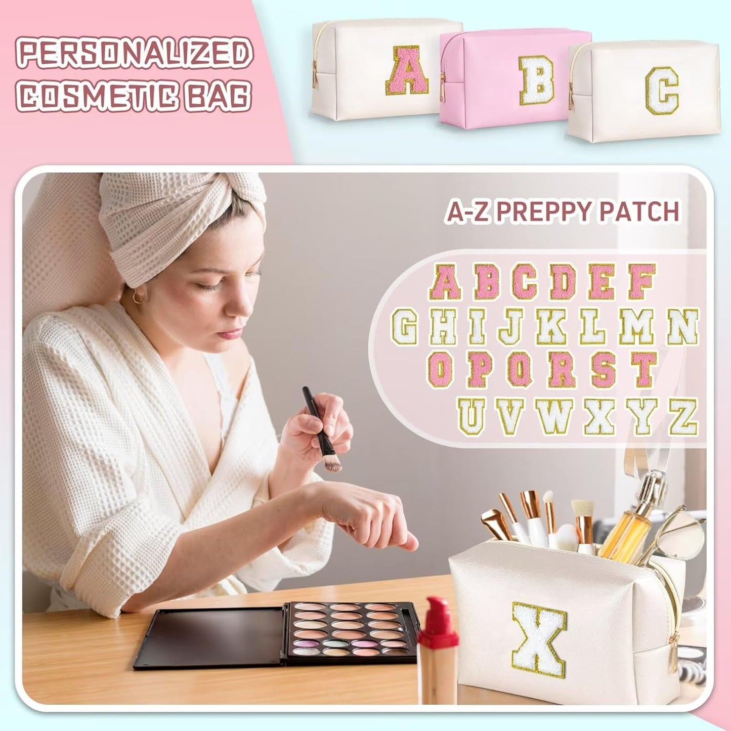 TOPEAST Personalized Birthday Gifts for Women, Preppy Patch Makeup Bag, Chenille Letter Pouch Cosmetic Bag, Travel Organizer, Gifts for Friends, Cute Stuff for Women (White L)