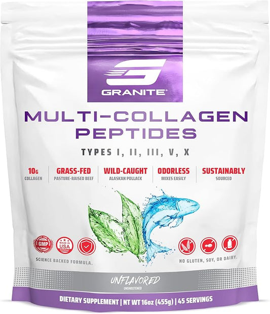 Granite Supplements Collagen Peptides Powder - Hair Skin and Nails Vitamins with Type I, II, III, V, X Hydrolyzed Collagen Peptides for Nail Growth, Bone, Mobility, & Joint Support (16oz)