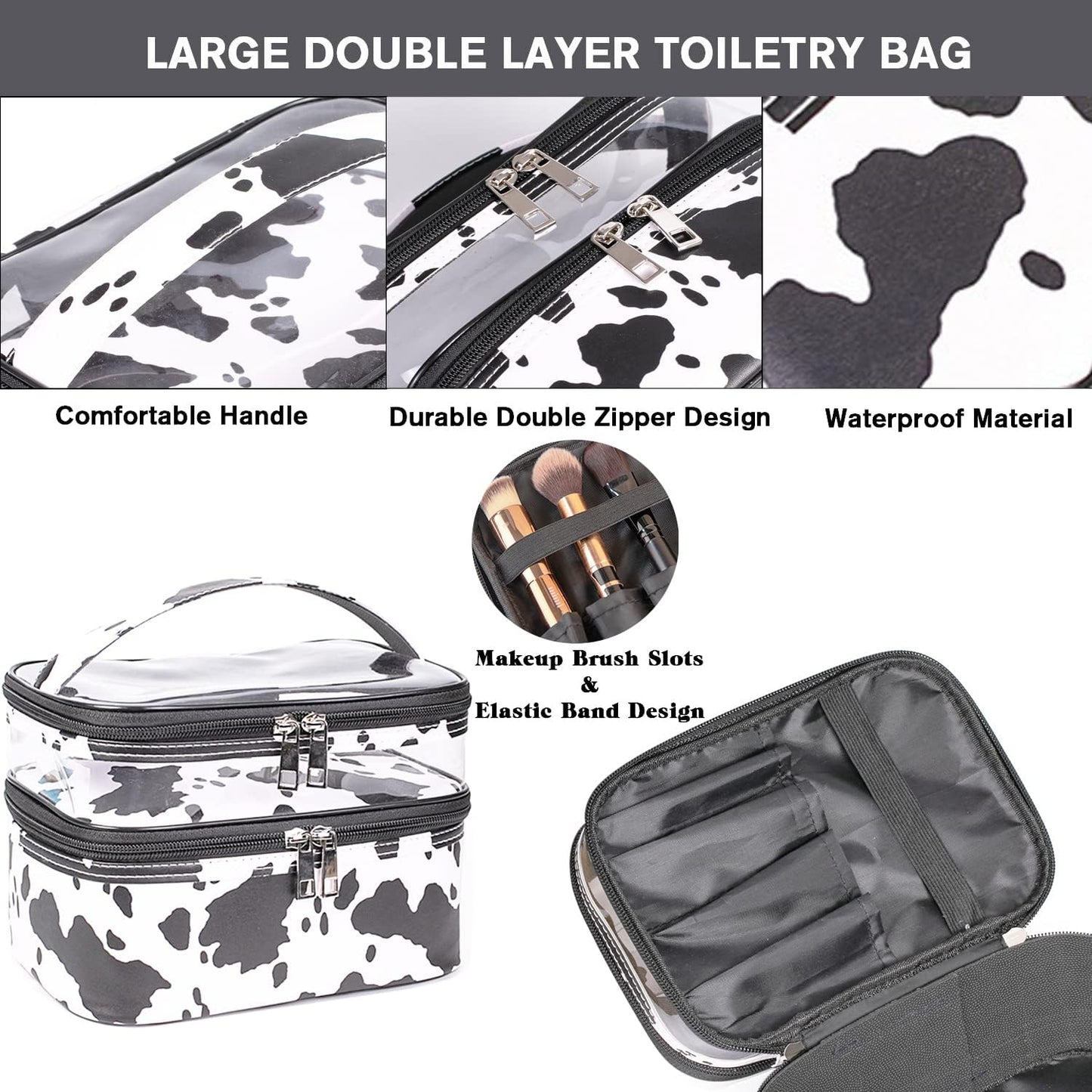 FITINI Makeup Bags Double Layer Cows Travel Storage Cosmetic Cases Largr Make-up Organizer Toiletry Bags Water-resistant for Women Makeup Brush Bag