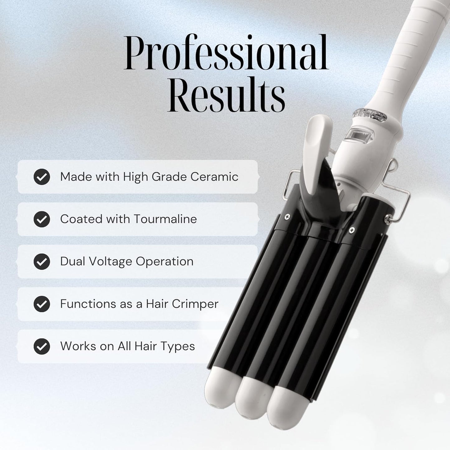 Alure Three Barrel Curling Iron Wand Hair Waver with LCD Temperature Display - 1 Inch Ceramic Tourmaline Triple Barrels, Dual Voltage Crimp (Black/White)