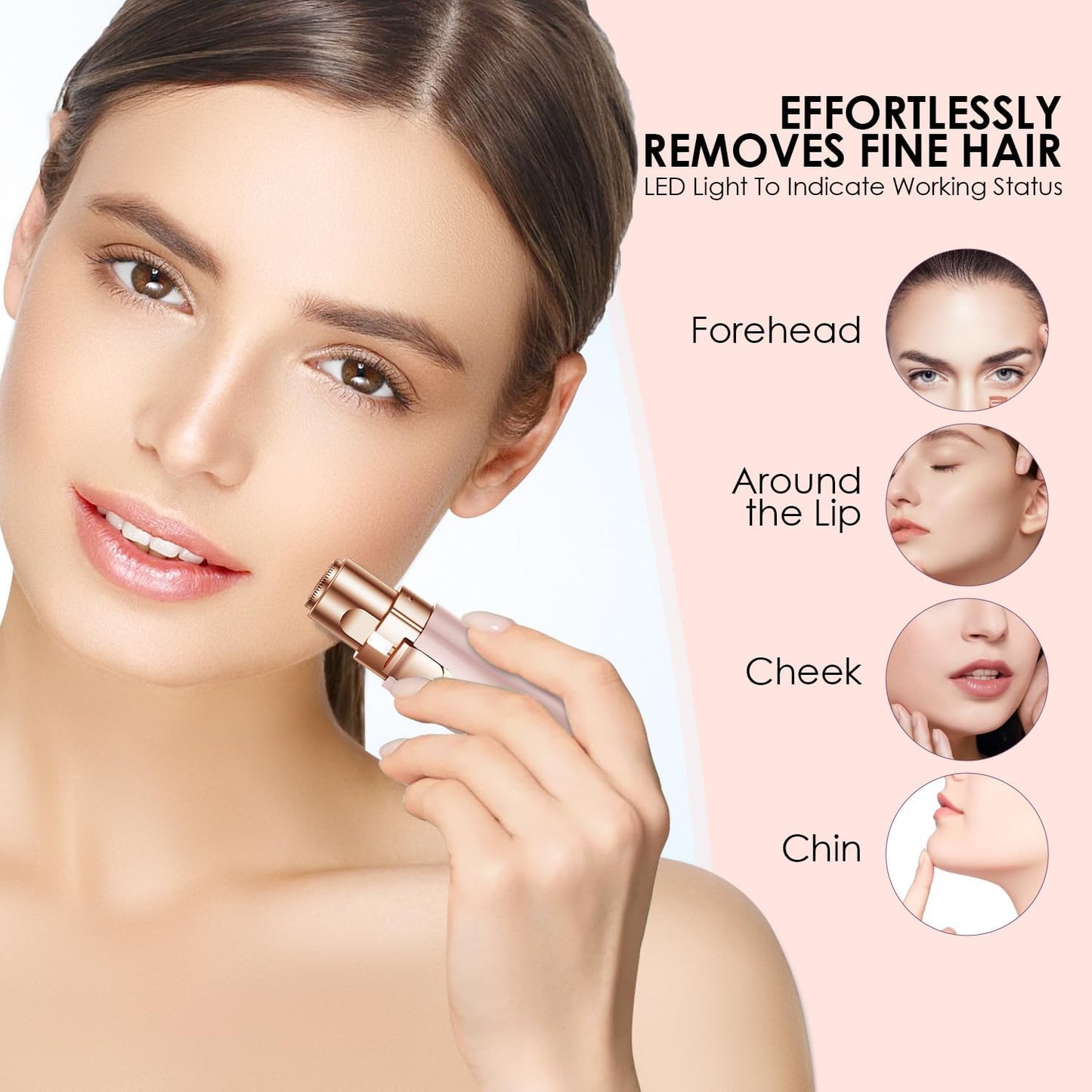 VG VOGCREST Eyebrow Facial Trimmer: 2 in1 Rechargeable Facial Hair Removal and Eyebrow Shaver - Face Lips Body Painless Facial Razor with Built-in LED Light (Pink)