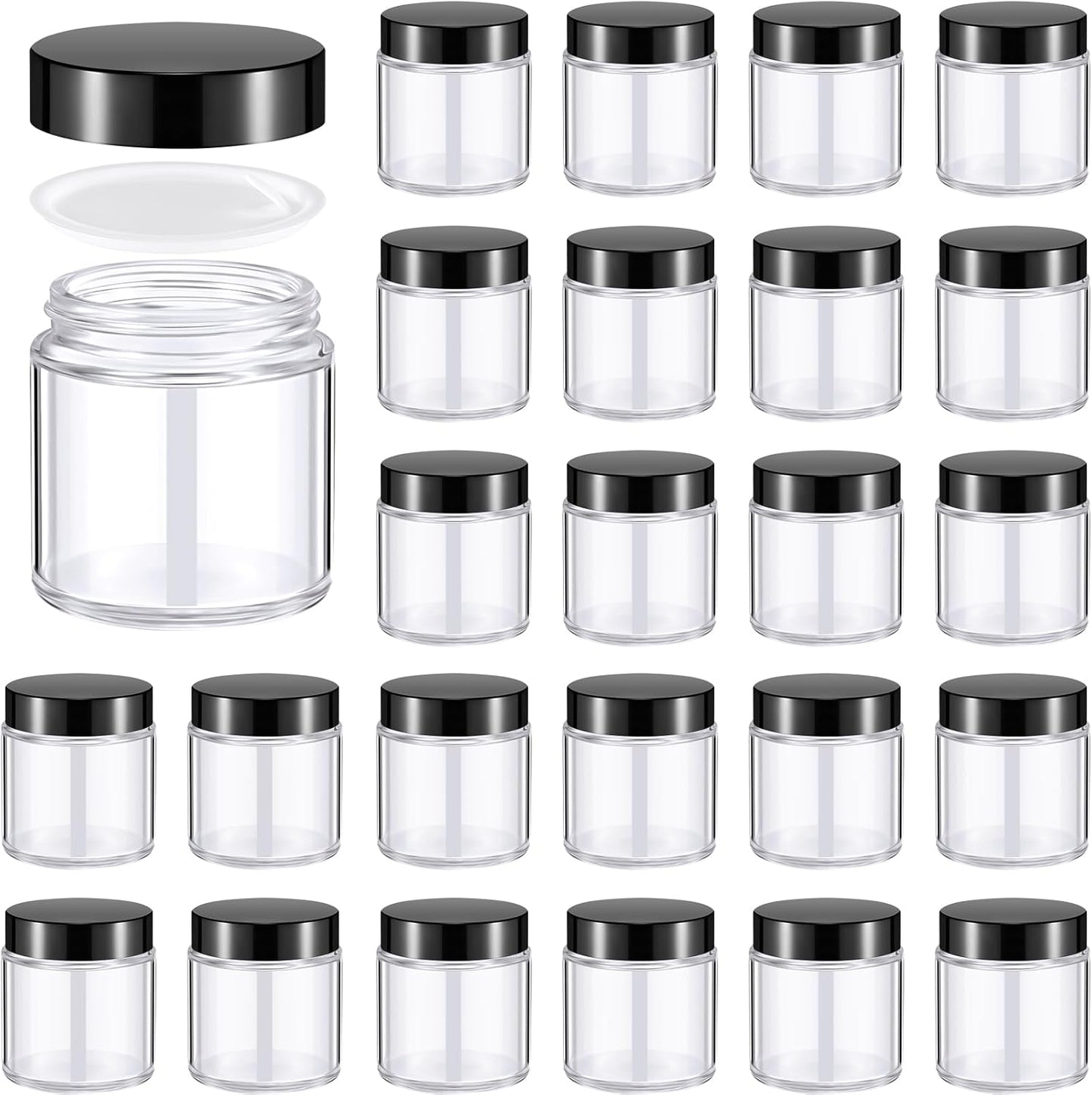 Norme 24 Pcs 4 oz Glass Jars with Lids Leakproof Round Airtight Empty Cosmetic Jars with Inner Liners Lid for Storing Lotions Powder Ointments Candle Making Tins (Black,Clear)