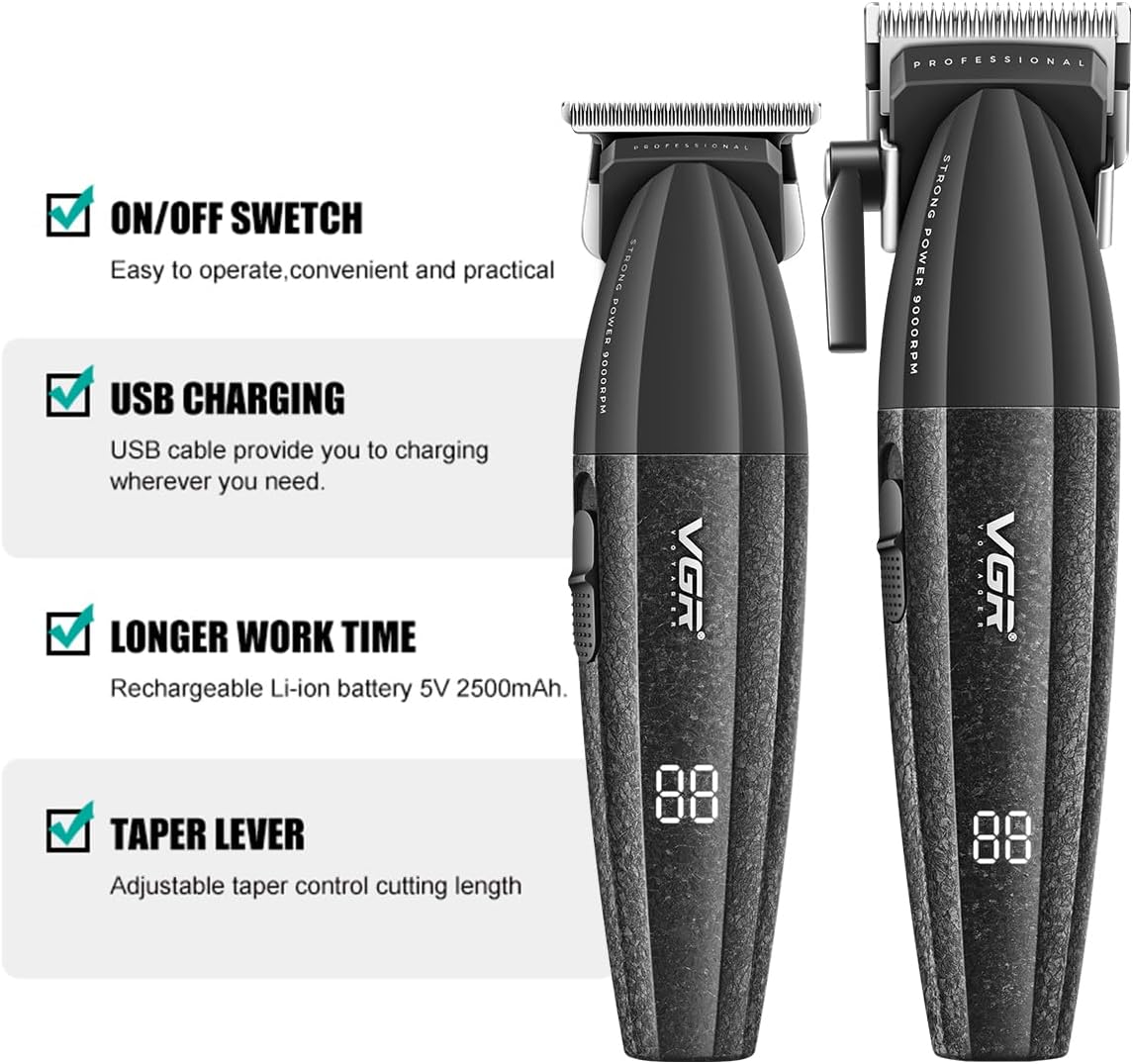 VGR 640 Professional Hair Clippers for Men, 9000RPM Cordless Barber Clippers and Trimmers Set, Zero Gap T-Blade Hair Cutting Kit, DLC Coated Ceramic Blade Barber Kit with LED Display(Black)