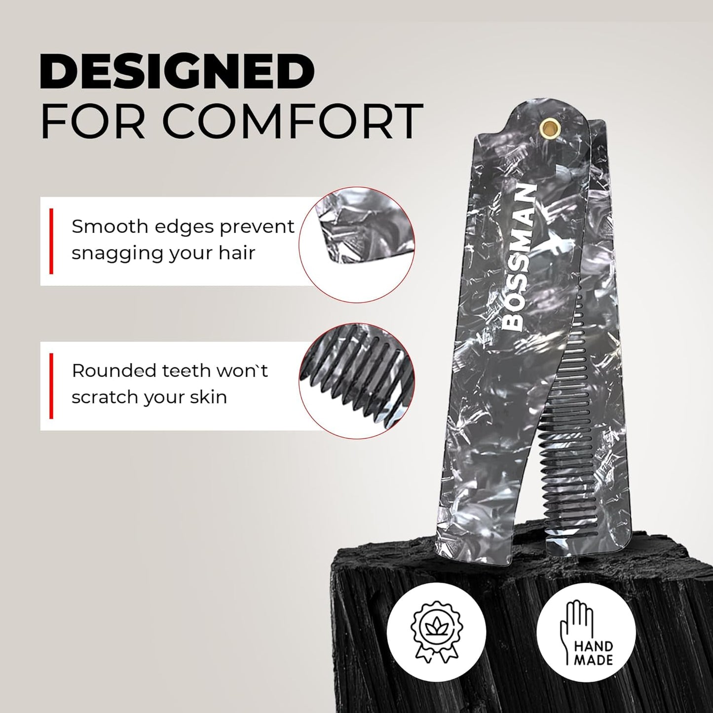 Bossman Acetate Folding Comb for Men – 3.5-Inch Travel Mustache & Beard Comb, Portable Pocket Hair Tool