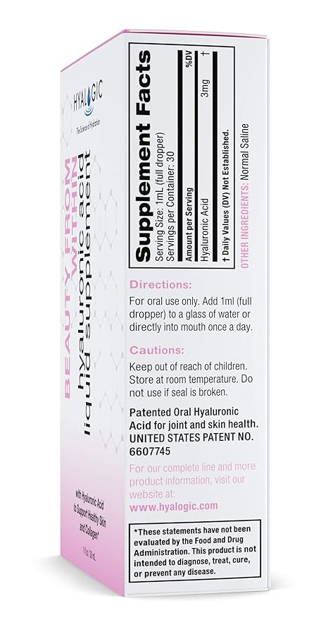 Hyalogic Beauty From Within Hyaluronic Acid Liquid Supplement - Liquid Hyaluronic Acid for Skin Hydration, and Collagen Boost - Vegan, Gluten-Free, Odorless & Tasteless (1 Fl Oz)
