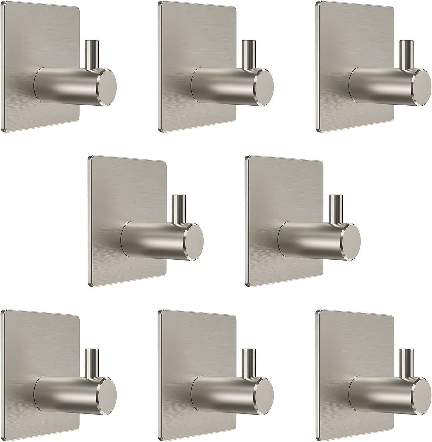 Brushed Nickel Self Adhesive Towel Hooks for Bathroom Wall Door Mounted - SUS304 Stainless Steel Strong Strips Stick on 3M Wall Hooks for Hanging Coat, Hat, Bag, Key, Jacket – 8 Pack