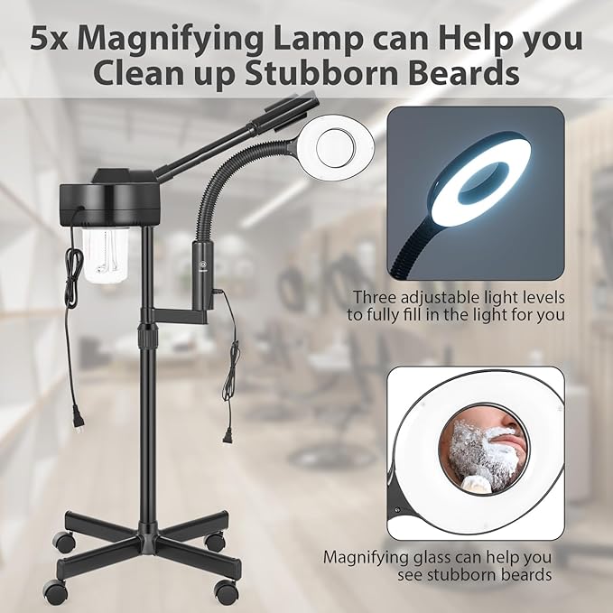 Professional Facial Steamer 2 in1 Steamer for Face 5X LED Magnifying Lamp Facial Steamer for Esthetician Beauty Face Equipment Use at Home or Salon（Black）