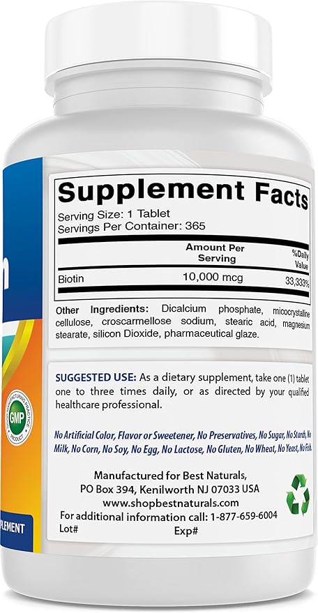 Best Naturals Biotin (Also Called Vitamin B7), 10,000 mcg Tablets (365 Count (Pack of 3))