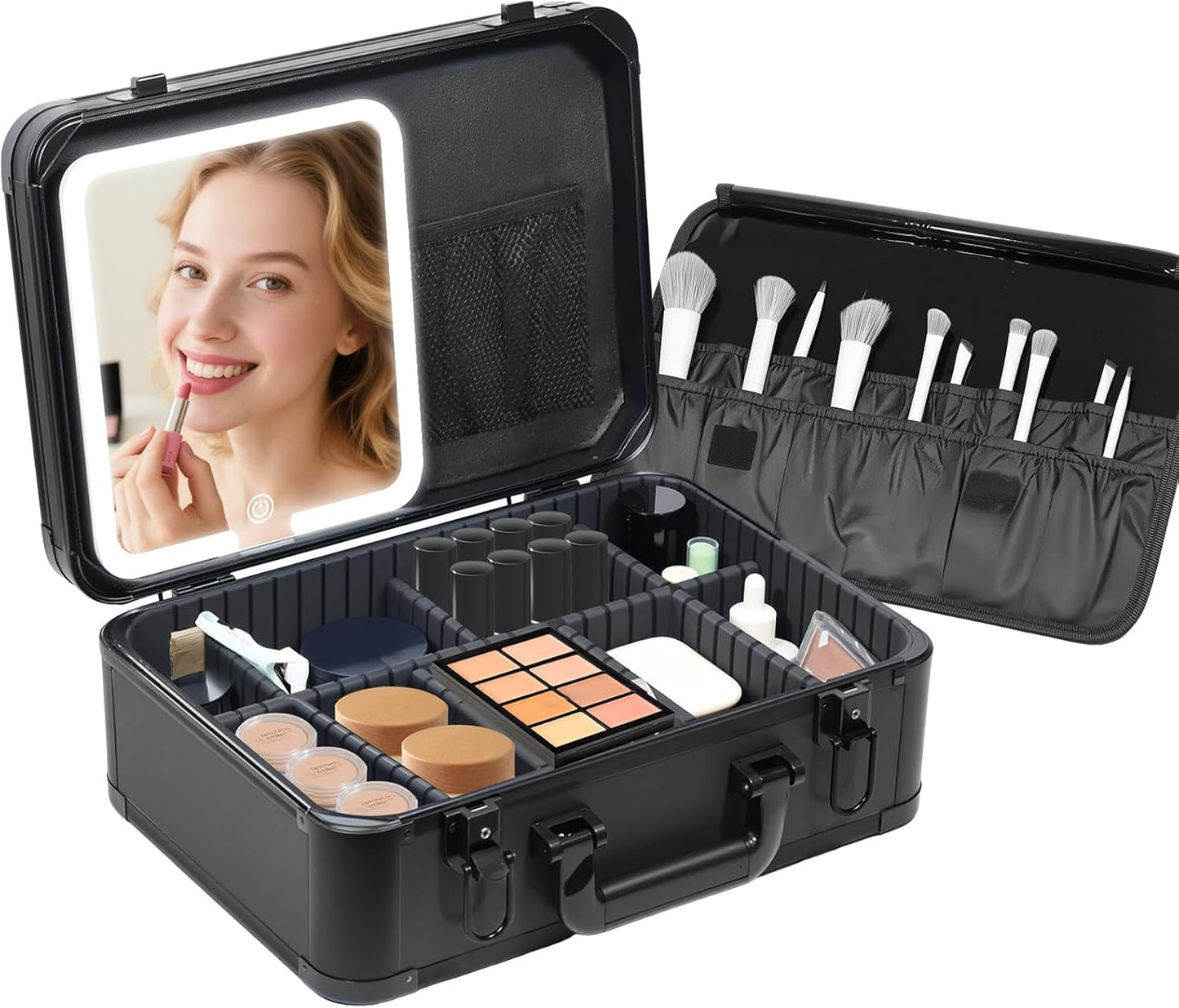 15"x11" Makeup Case with Lighted Mirror & Brush Holder - Waterproof Travel Organizer, Customizable Storage, Rechargeable LED Vanity for Women (black)