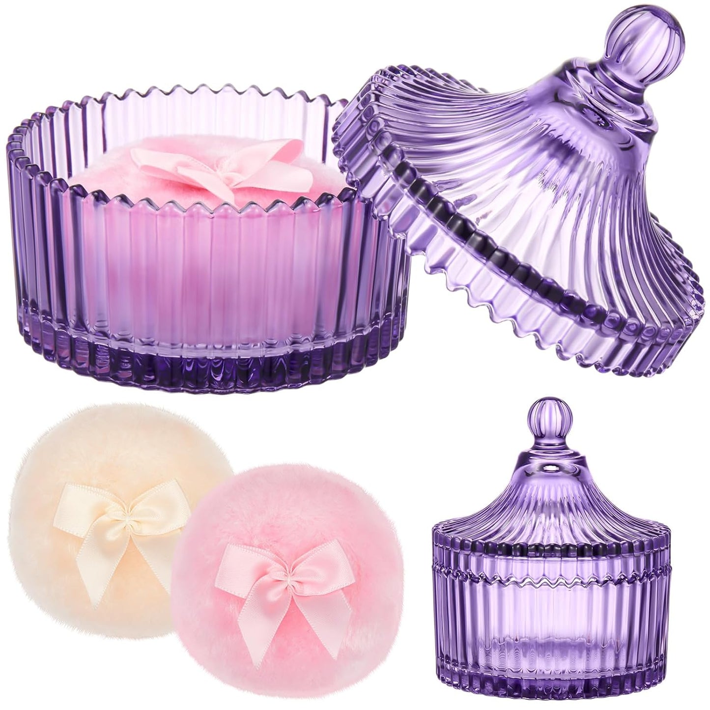 Tioncy 3 Pcs Large Body Powder Puff and Container Crystal Container Soft Washable Reusable Velour Face Body Glitter Powder Puff Wet Dry Makeup Simple Style (Purple)