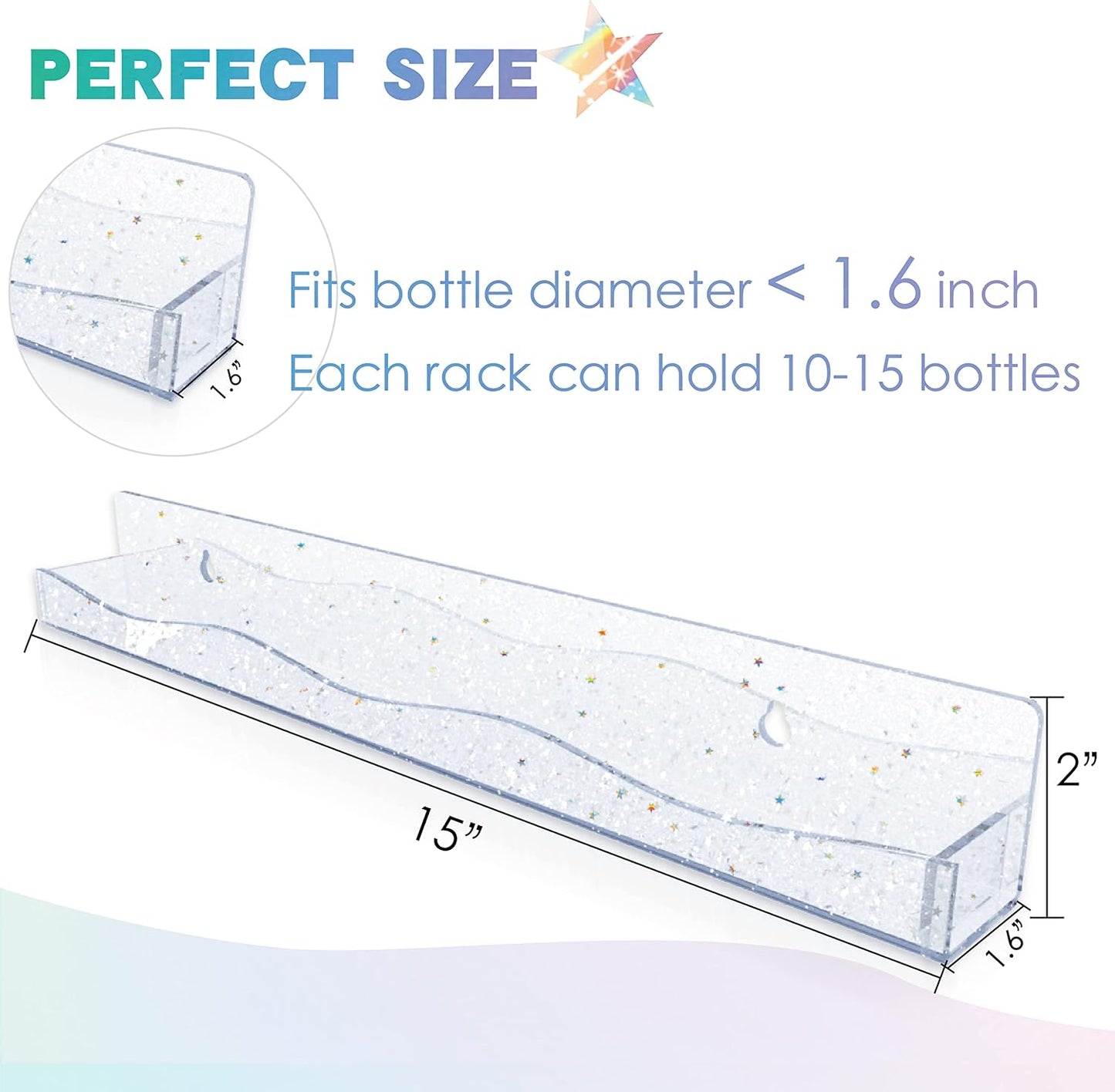 YMVV 15" Nail Polish Rack Wall Mounted Shelf with Iridescent Star Shaped Glitters Sequin Inside,Clear Acrylic Nail Polish Organizer for Nail Techs,Great Display for Salons Retailers（6 Pack）